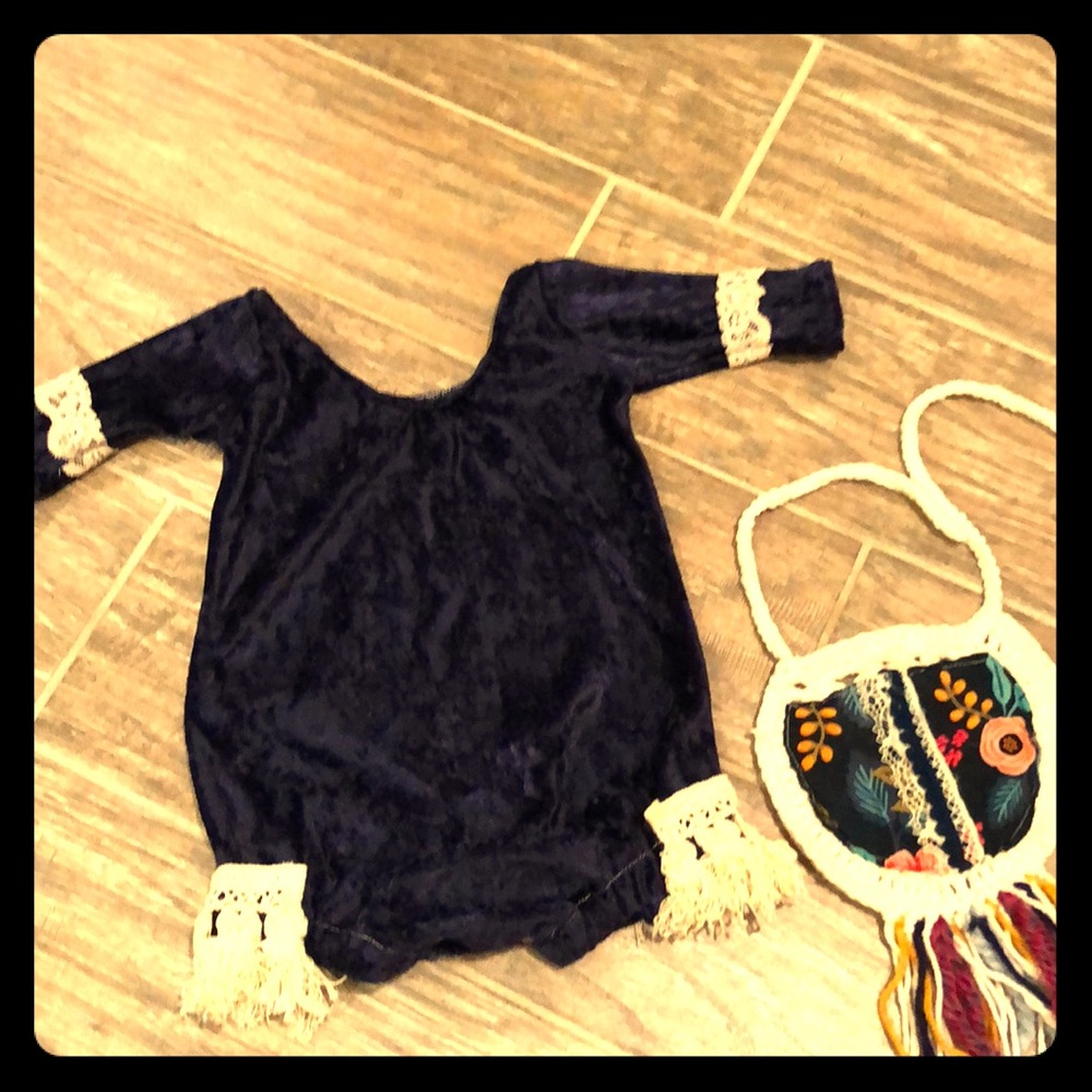 Navy Velvet fringed Onsie & Crochet bib